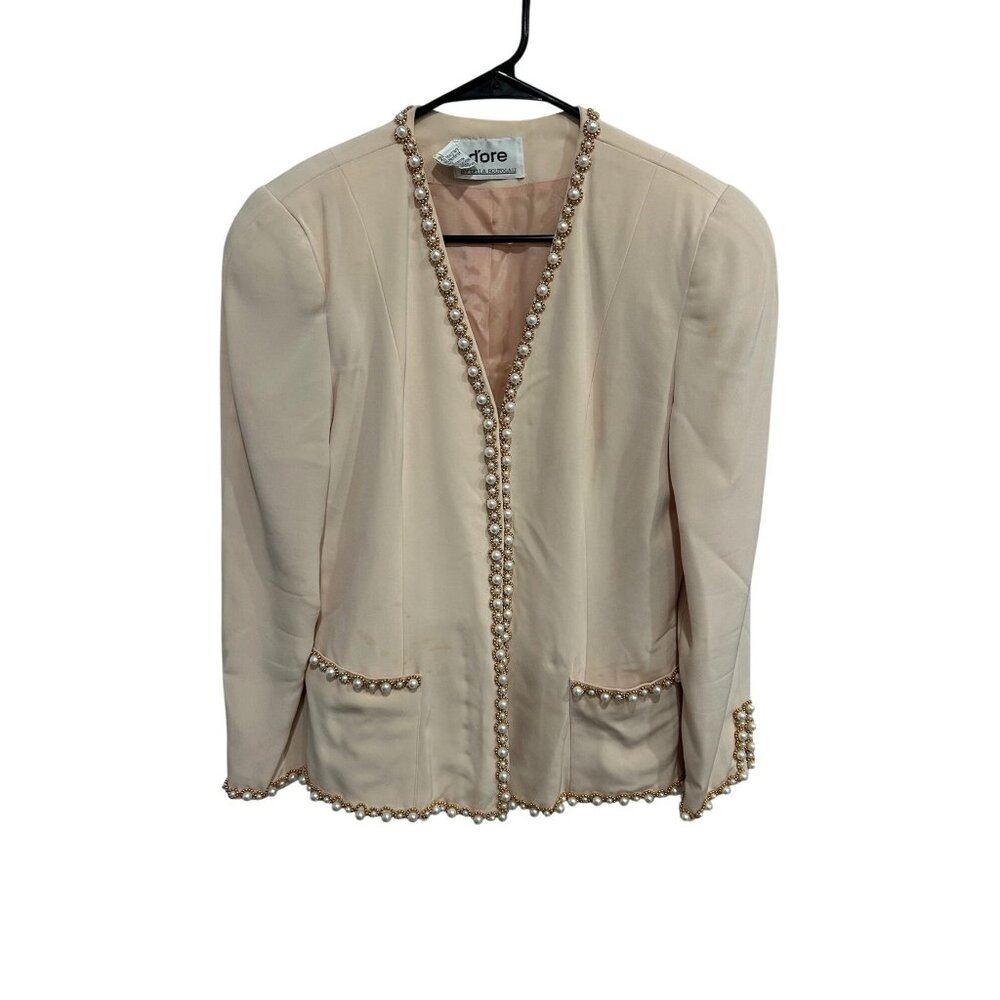 Vintage Dore Pearl Gold Trim Blush Pink Lined Blazer Size 8 Coquette Glam Formal